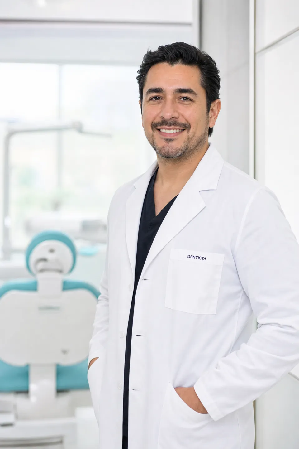 Dentista con bata blanca en una clínica dental moderna y luminosa