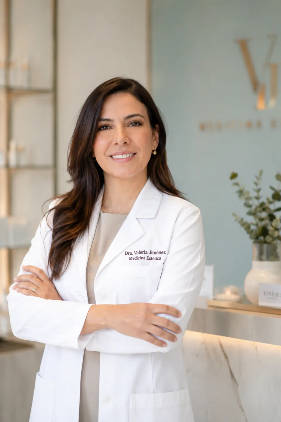 Doctora de medicina estética con bata blanca en una clínica moderna y elegante