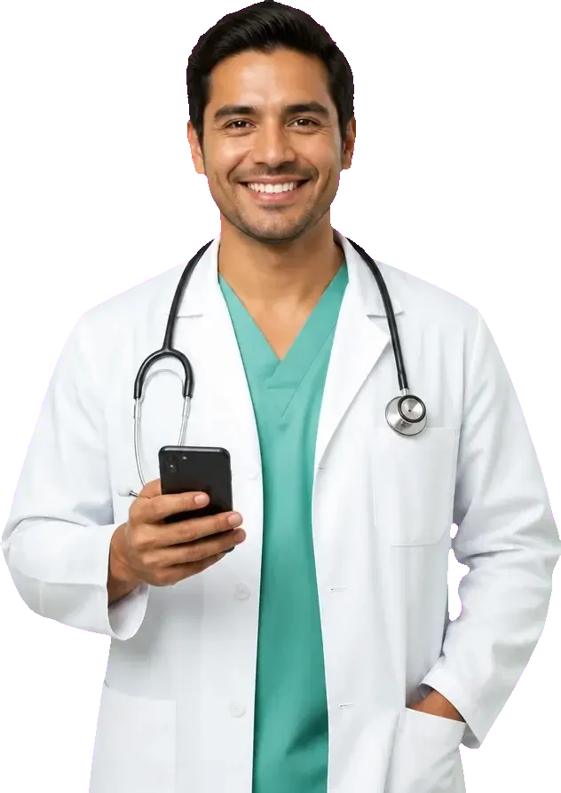 Doctor profesional con un smartphone, listo para recibir pacientes.