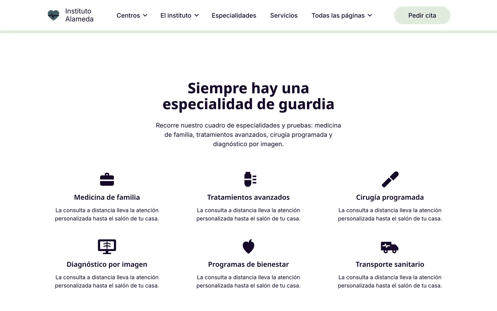 Pantalla 1 de la página de Alameda, instituto de especialidades · puebla