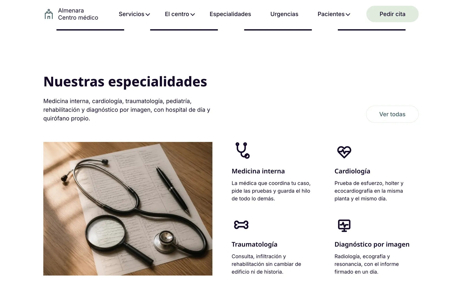 Pantalla 1 de la página de Almenara, centro de especialidades