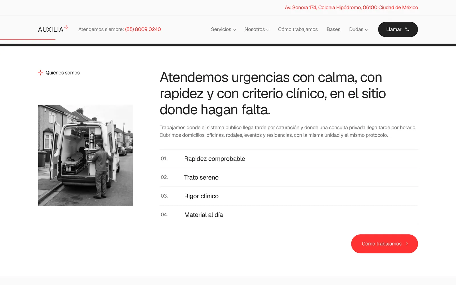 Pantalla 1 de la página de Auxilia, urgencias a domicilio · ciudad de méxico