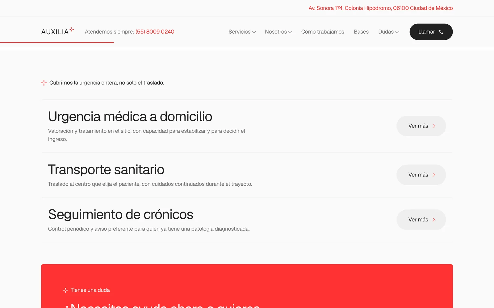 Pantalla 2 de la página de Auxilia, urgencias a domicilio · ciudad de méxico