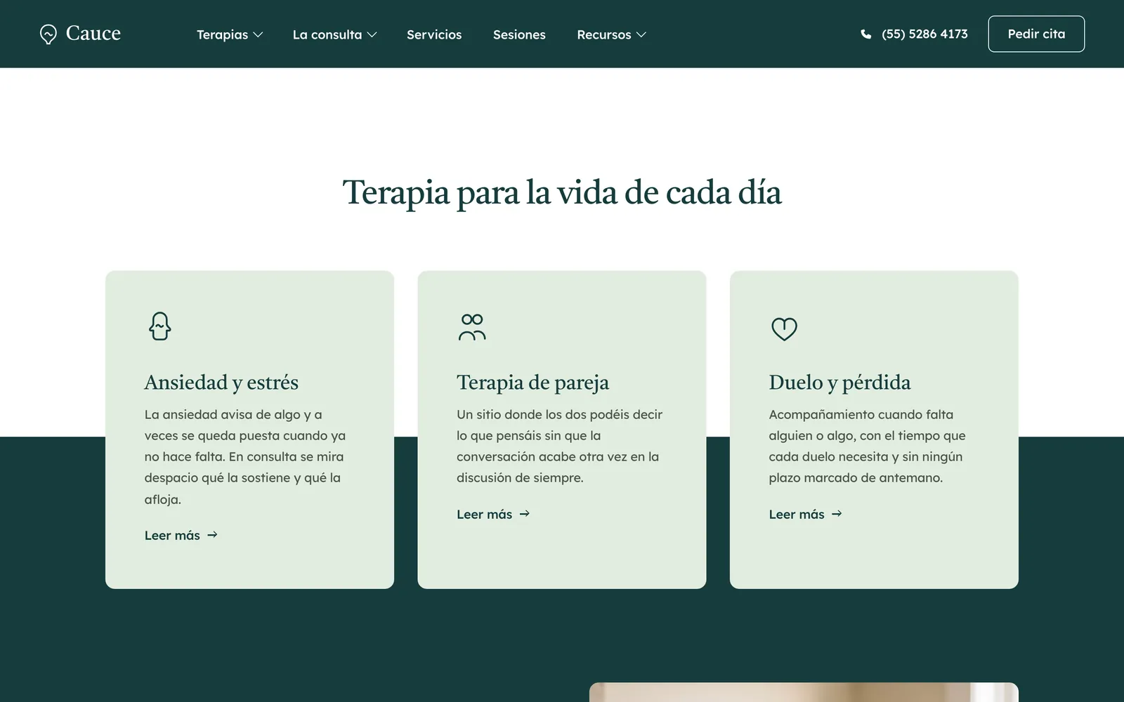 Pantalla 2 de la página de Cauce Psicología, psicología clínica · ciudad de méxico