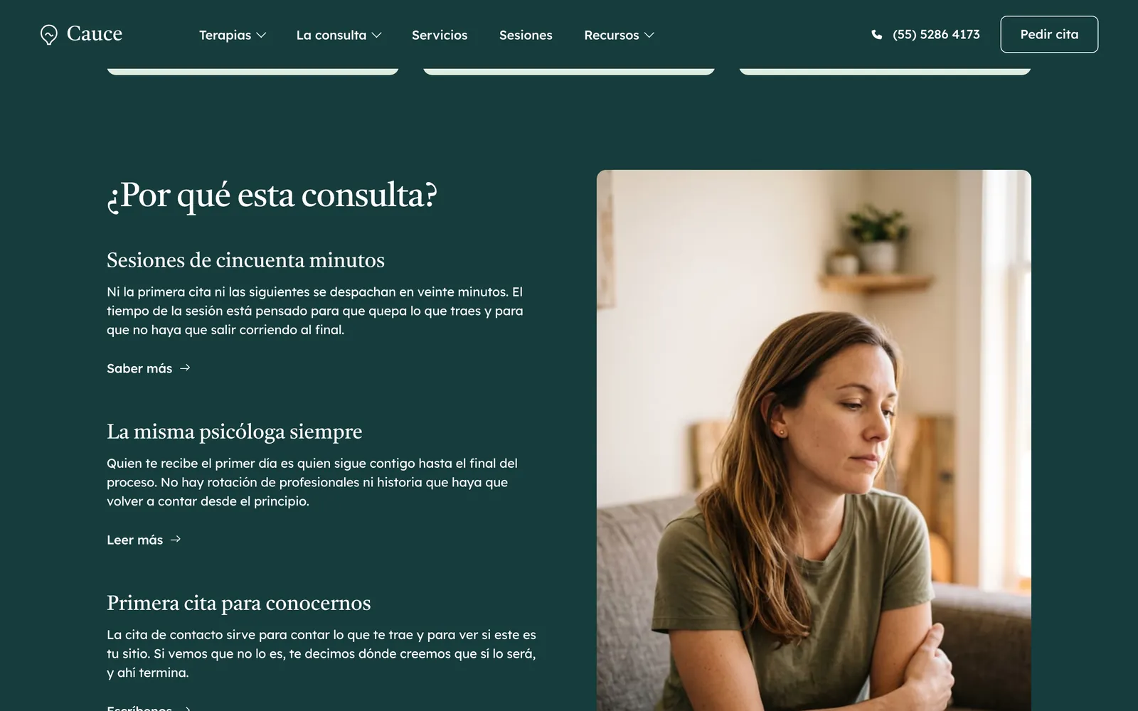 Pantalla 3 de la página de Cauce Psicología, psicología clínica · ciudad de méxico