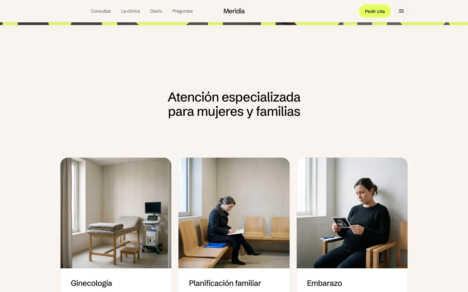 Pantalla 1 de la página de Meridia, salud femenina · ginecología