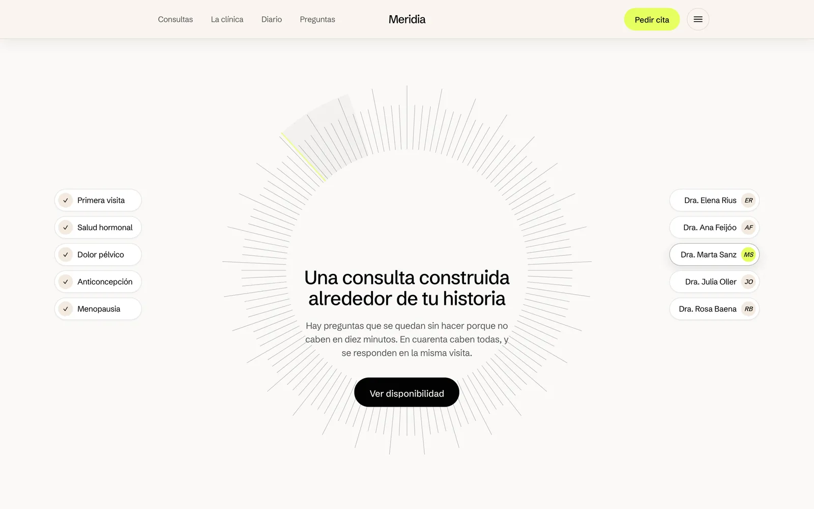 Pantalla 2 de la página de Meridia, salud femenina · ginecología