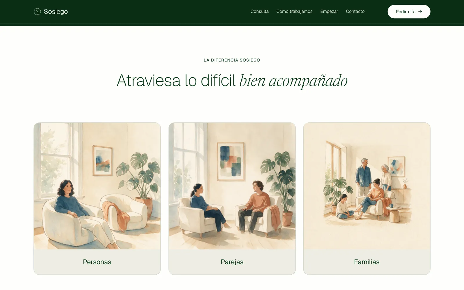 Pantalla 1 de la página de Sosiego, salud mental · en línea y presencial