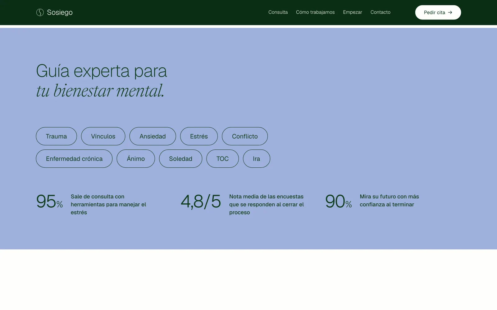 Pantalla 2 de la página de Sosiego, salud mental · en línea y presencial