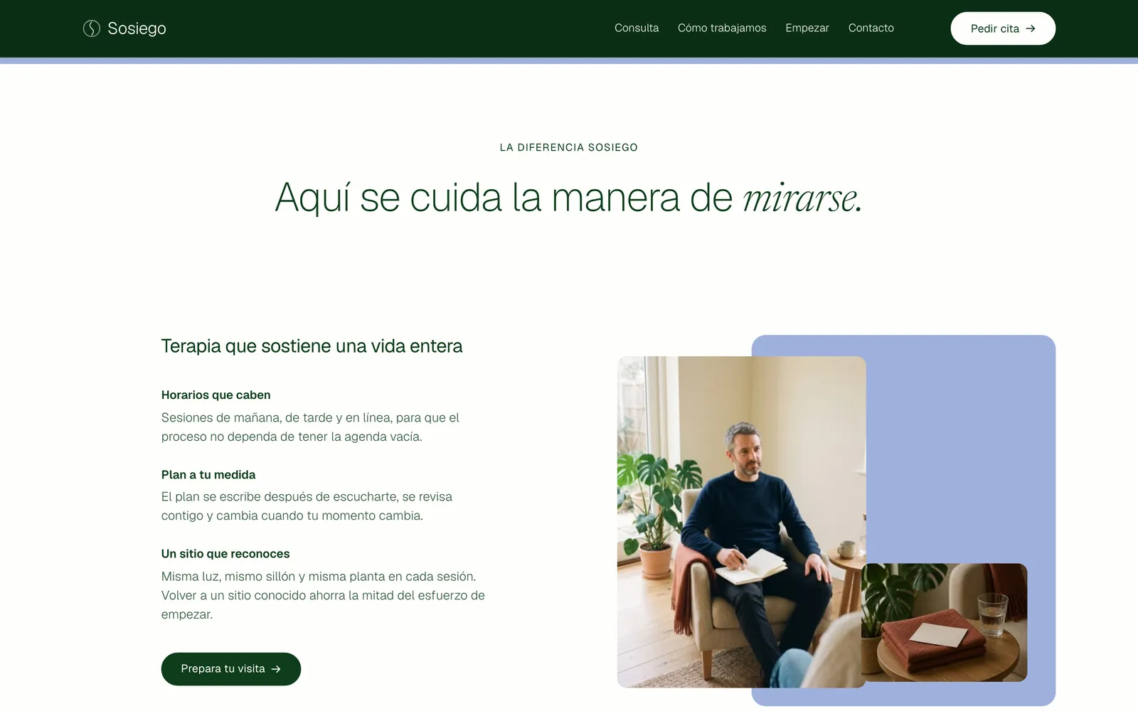 Pantalla 3 de la página de Sosiego, salud mental · en línea y presencial