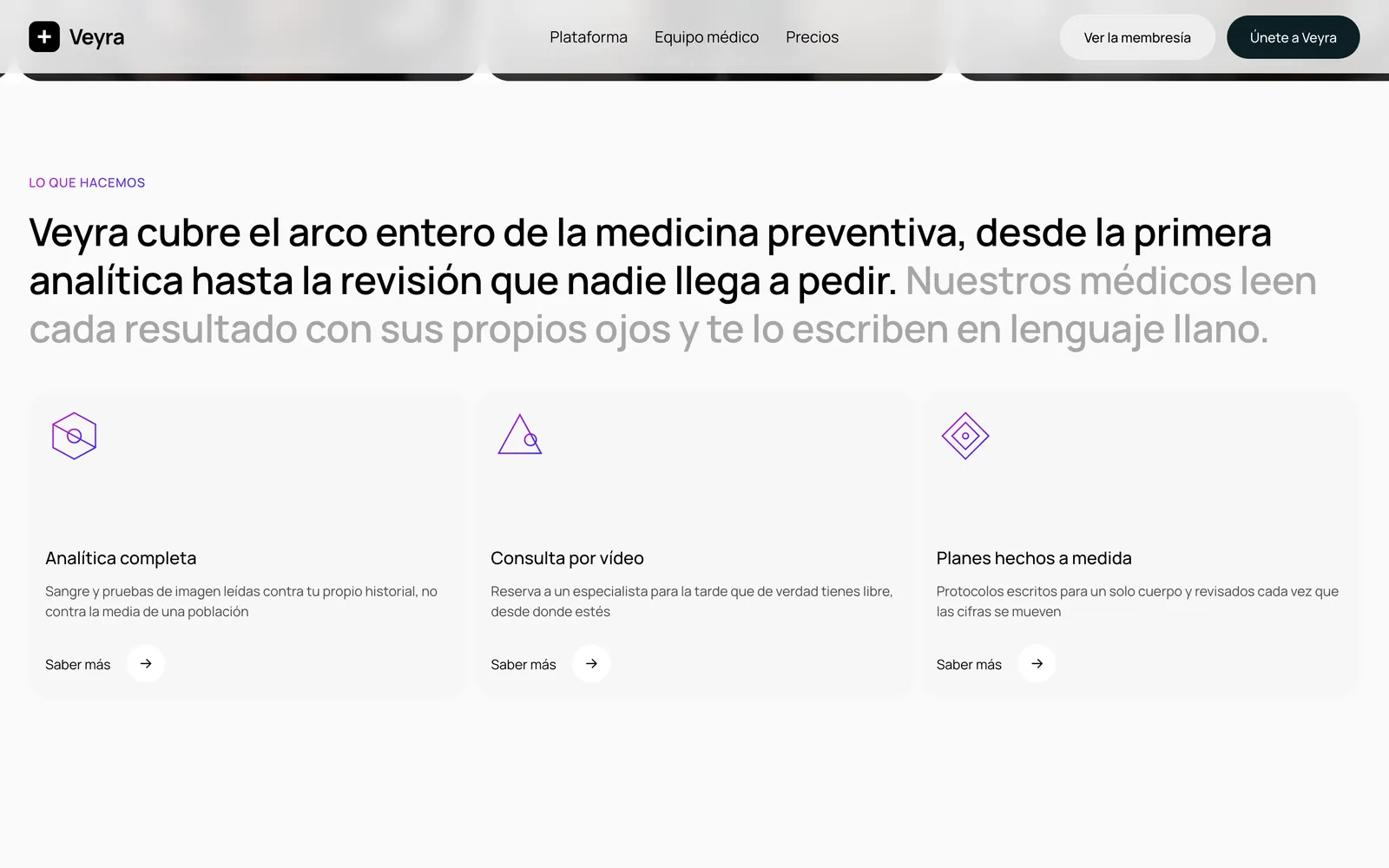 Pantalla 1 de la página de Veyra, salud digital · producto en inglés